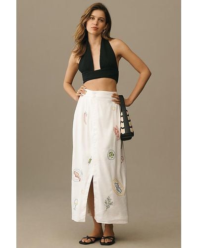 Maeve Embellished Linen Wrap Midi Skirt - Natural