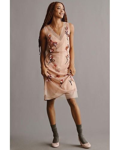 Maeve Sleeveless V-neck Floral Sequin Mesh Midi Dress - Pink