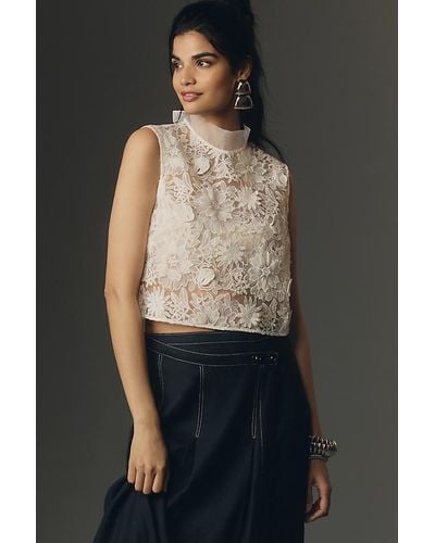 Maeve Sleeveless Sheer Floral Lace Crop Top - Black
