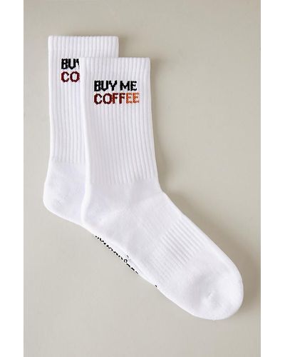 soxygen Buy Me Coffee Slogan Organic Cotton Ribbed Crew Socks - White
