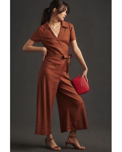Maeve Short-sleeve Wrapped Culotte Jumpsuit - Brown
