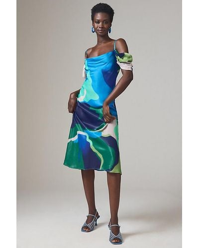 Bl-nk Painterly Off-shoulder Slip Maxi Dress - Blue