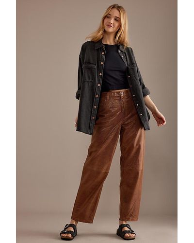 SELECTED High-rise Straight Leather Trousers - Brown