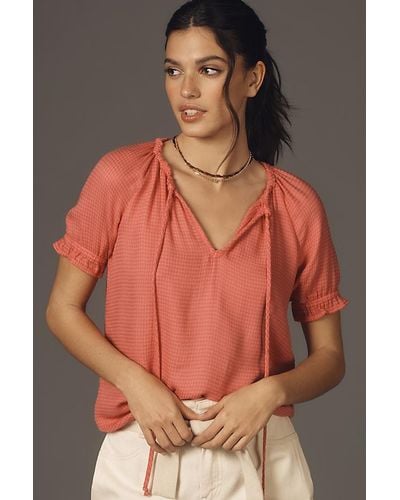 Cloth & Stone Short-sleeve Tie-neck Top - Pink