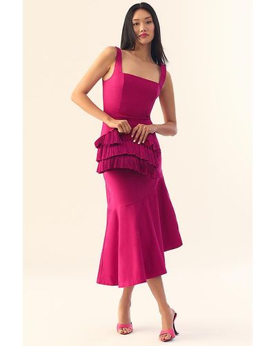 Anthropologie By Square-neck Asymmetrical Ruffle-hem Midi Dress - Pink