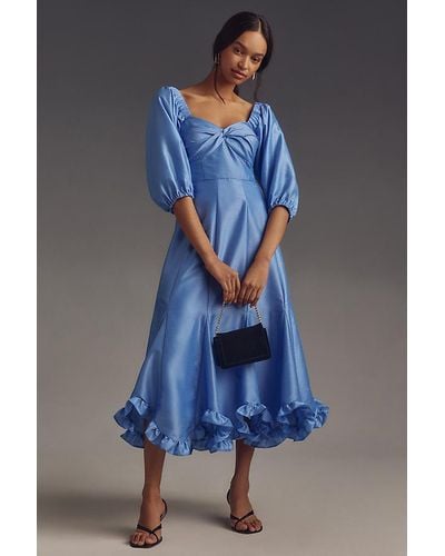 Hutch Printed Twist-front Puff-sleeve Ruffle-hem Midi Dress - Blue