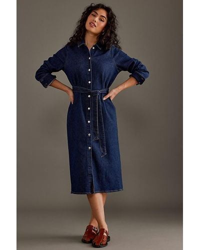 SELECTED Long-sleeve Denim Shirt Midi Dress - Blue
