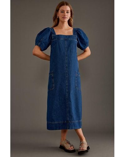 ALIGNE Sonia Puff-sleeve Square-neck Denim Midi Dress - Blue