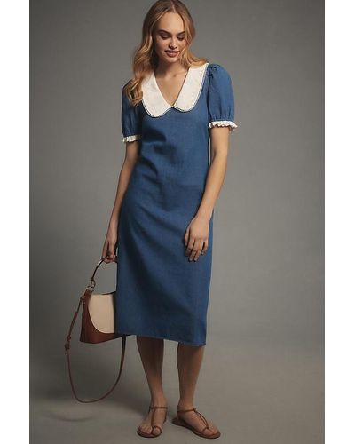 Porridge Short-sleeve Collared Slim Midi Dress - Blue