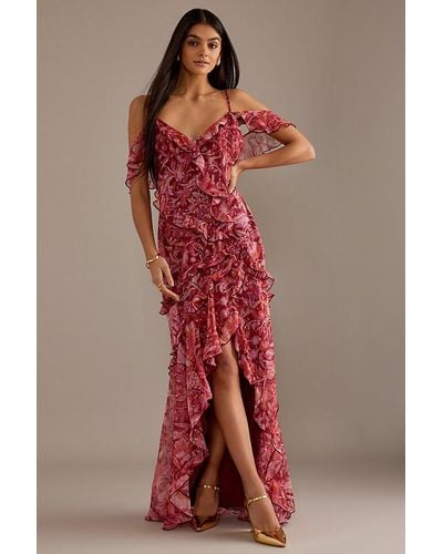 Anthropologie Strappy Cold-shoulder Ruffle Printed Maxi Dress - Red
