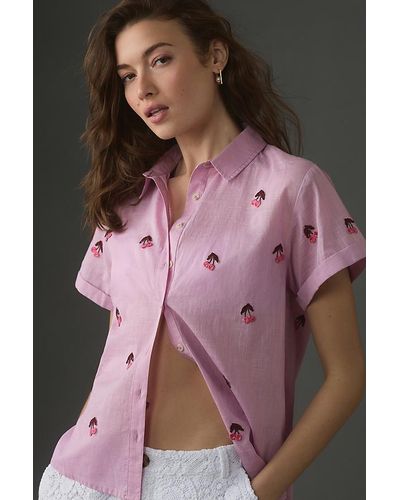 Maeve Fruit Embroidered Short-sleeve Shirt - Pink