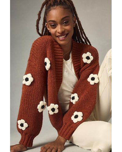 Anthropologie By Chunky 3d Floral Knit Cardigan - Brown