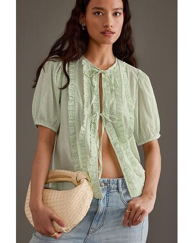 Damson Madder Ines Tie-front Ruffle Blouse - Green