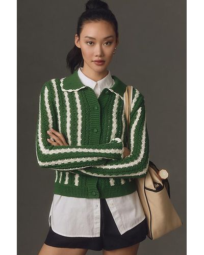 4si3nna Collared Crochet Open-stitch Cardigan - Green