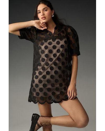 Maeve Short-sleeve Sheer Scallop Mini Dress - Black
