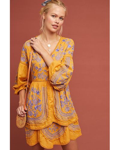 Meadow Rue Alena Ruffled-embroidered Tiered Tunic Dress - Orange