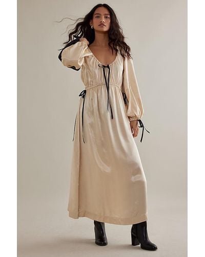 Damson Madder Alexandra Long-sleeve Prairie Bow Satin Maxi Dress - Natural