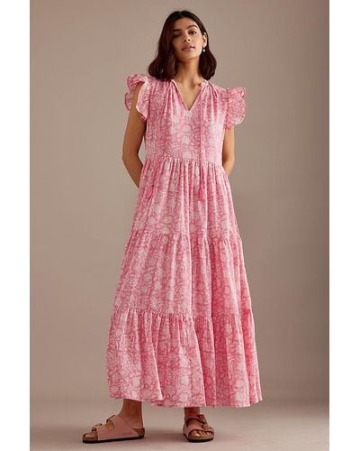 Dilli Grey Penny Ruffle-sleeve Tiered Maxi Dress - Pink