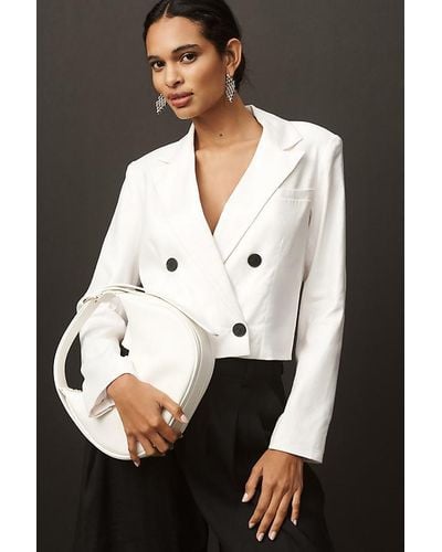 Maeve Linen Double-breasted Cropped Blazer - Black