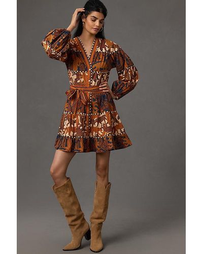 FARM Rio Long-sleeve V-neck Printed Mini Dress - Brown
