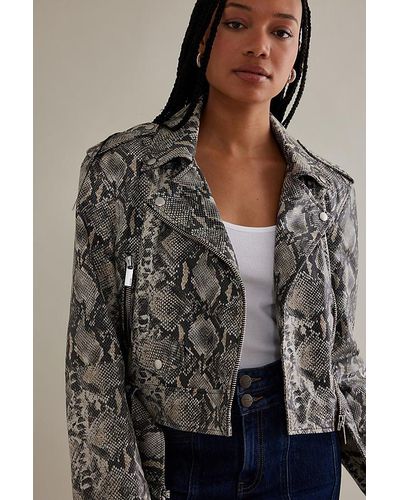 SELECTED Idina Leather Snakeskin Cropped Biker Jacket - Grey