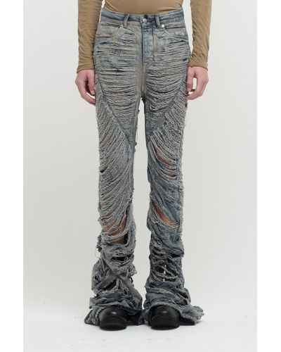 Rick Owens Bias Bootcut Jeans In Shredded Hustler Blue - Grey