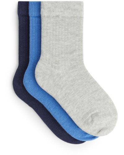 ARKET Rib Knit Socks, 3 Pairs - Blue