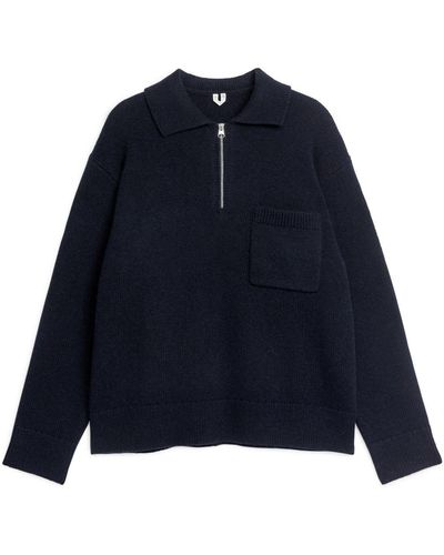 ARKET Knitted Wool Zip Polo Shirt - Blue