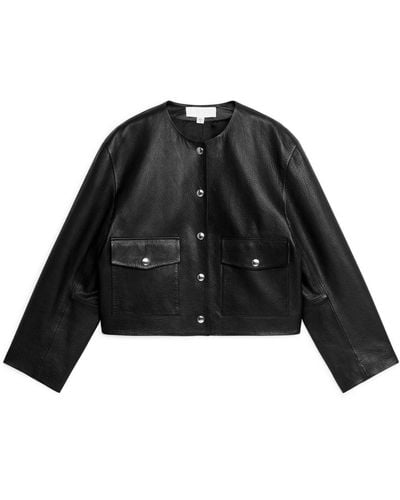 ARKET Cropped Leather Jacket - Black