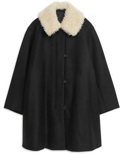 ARKET Faux Fur-collar Coat - Black