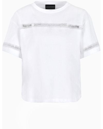 Emporio Armani T-shirt In Jersey Organico Con Nastro Logato In Macramé Asv - Bianco