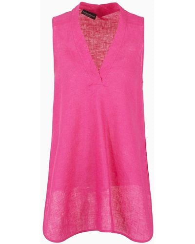 Emporio Armani Oversized V-neck Top In Linen With Asymmetric Hem - Pink