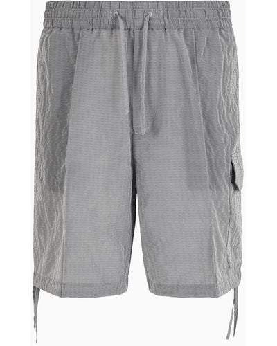 Emporio Armani Bermuda Shorts In Light Nylon Seersucker With Ribs And An Elasticated Waist - Gray