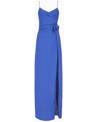 Emporio Armani Viscose-crêpe Long Dress With Knot And Slit - Blue