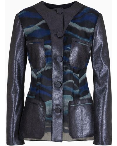 Giorgio Armani Single-breasted Jacket In Laminated Suede And Printed Silk Organza - Blue
