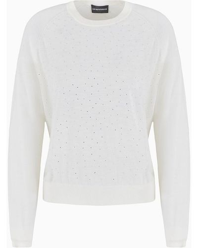 Emporio Armani Plain-knit Wool Jumper With Micro Rhinestones - White
