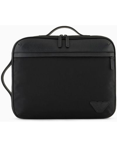 Emporio Armani Asv Regenerated Saffiano And Recycled Nylon Business Bag With Shoulder Straps - Black