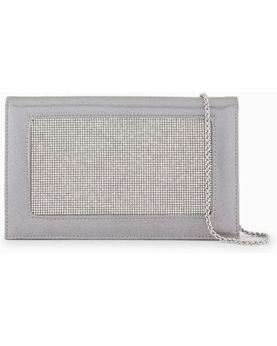 Giorgio Armani Rhinestoned Silk Clutch Bag With Rhinestoned Shoulder Strap - White