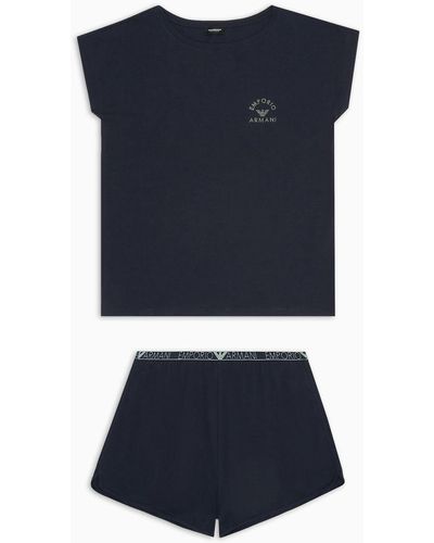 Emporio Armani Pijama De Camiseta Y Pantalones Cortos En Algodón Orgánico Con Tachuelas Con Logotipo Asv - Azul