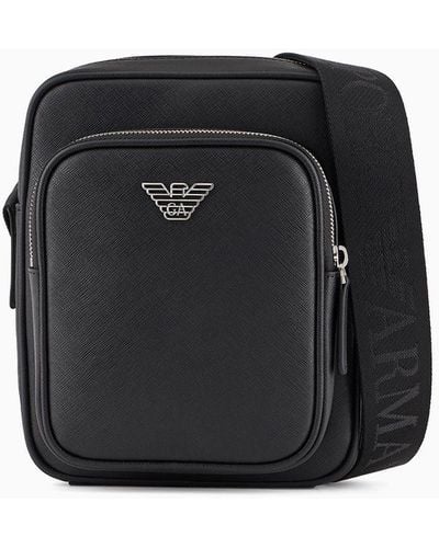 Emporio Armani Asv Crossbody Bag In Regenerated Saffiano Leather With Eagle Plaque - Black