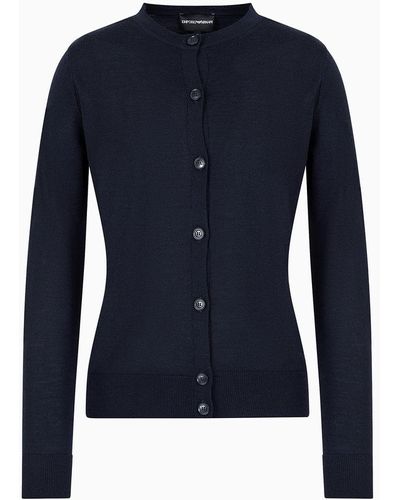 Emporio Armani Cardigan En Pure Laine Vierge Rase - Bleu