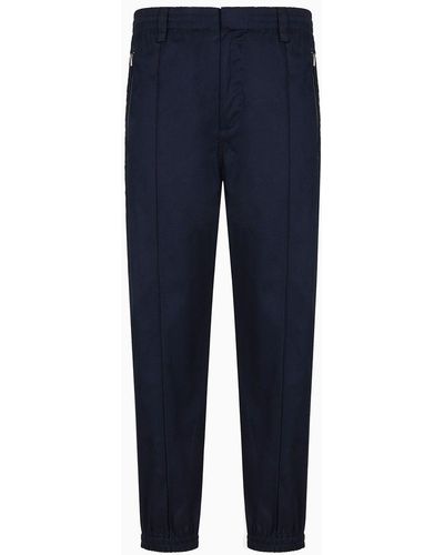 Emporio Armani Comfortable Cotton Twill Trousers With Centre Crease And Stretch Cuffs - Blue