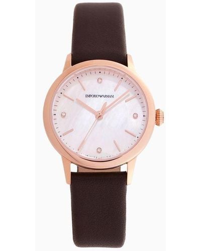 Emporio Armani Swiss Made Automatic Brown Leather Watch - Multicolor