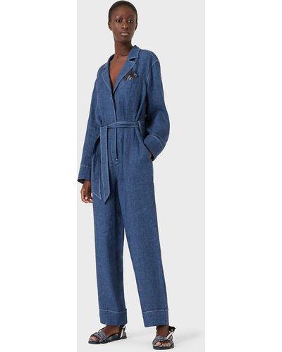 Emporio Armani Denim Capsule Collection Sashed Jumpsuit In Linen Chambray - Blue