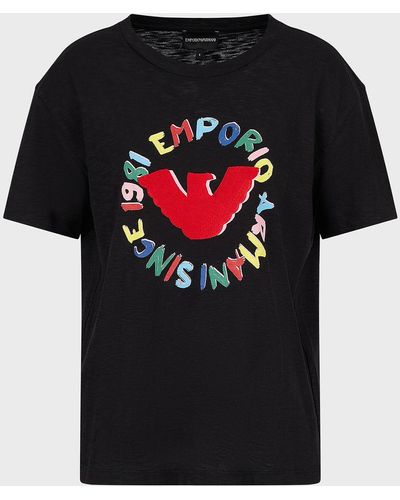 Armani Slub-jersey T-shirt With Eagle Print And Embroidery - Black