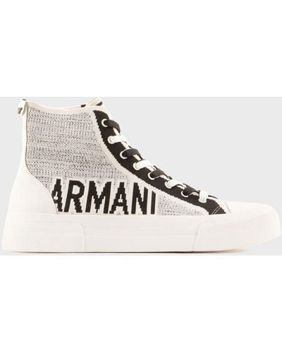Emporio Armani Recycled Knit High-top Sneakers With Jacquard Logo - White