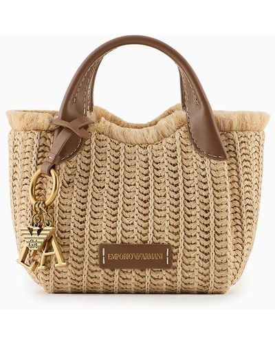 Emporio Armani Woven Straw Handbag With Logo Charm - Multicolor