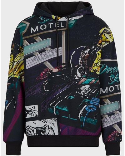 Emporio Armani Hooded Sweatshirt With All-over Racing Print - Multicolor