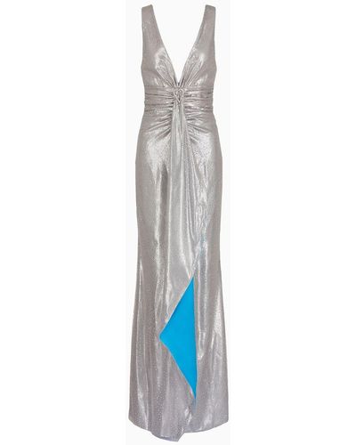 Giorgio Armani Lurex And Tulle Long Dress With Rhinestone Embroidery - White