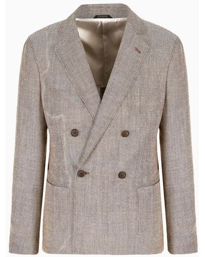 Giorgio Armani Upton Line Double-breasted Jacket In Wool, Silk, Linen And Cashmere Chequerboard Jacquard - Gray